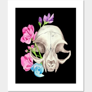 Cat Skull and Florals Posters and Art